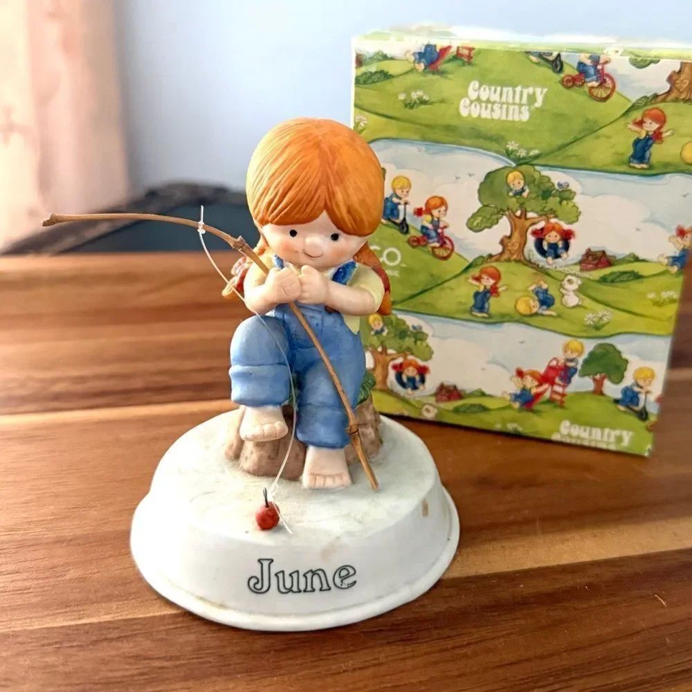 Enesco Vintage June COUNTRY COUSINS Katy FISHING ( pole ) Pond 1986 RARE